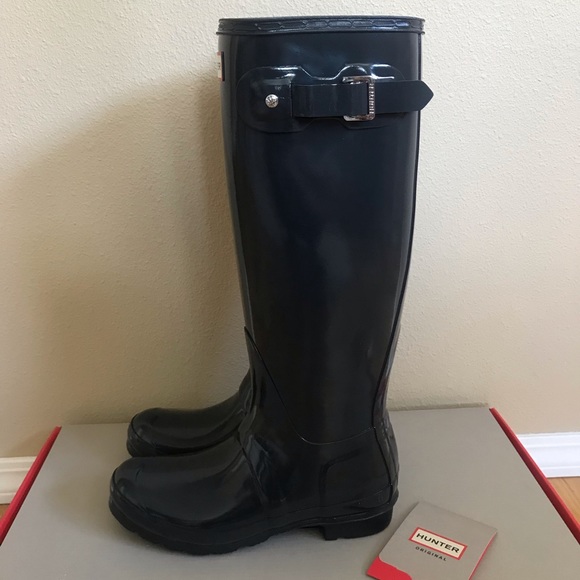 Hunter Original Tall Gloss Boots Dark Slate Size 6 - Picture 2 of 11